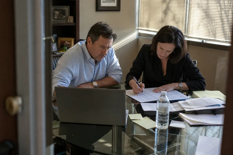 Two attorneys marking up a printed vendor order form during a video sales call